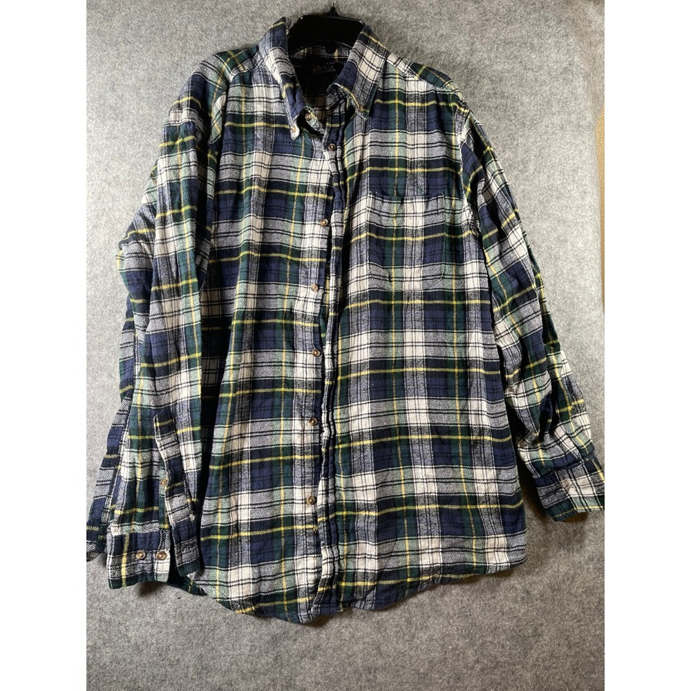 Boca Classics Mens Flannel Shirt L Blue Green Yellow Plaid Long Sleeve Button